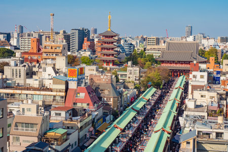 Tokyo. Japan. Asakusa street view from a quadrocopter. Sensoji. Excursions to Buddhist attractions. Buddhist temple of Asakusa. Streets of Tokyo with a drone. Single tour in Japan. 09/11/2019のeditorial素材