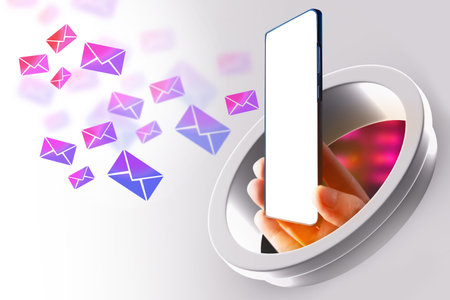 Email correspondence on phone. mobile mail. Mock up for messenger app. Man's hand with blank phone...