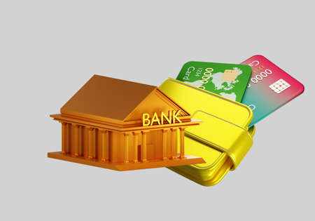 available banking services. Bank in pocket is a metaphor. Bank cards, wallet and bank building. Offer of banking products. Collage isolated on gray background. Payments, loans, investments. 3d imageの写真素材
