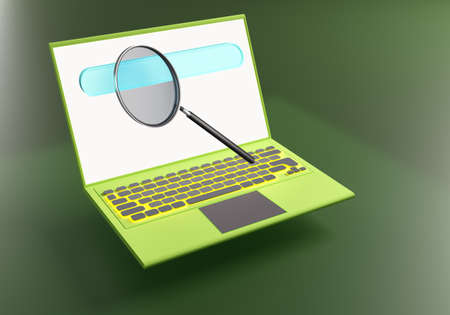 Search on the Internet. Search bar in laptop screen. search bar in computer. Laptop mockup with magnifying glass. metaphor of surfing the internet. Internet surfing software. 3d rendering.の写真素材