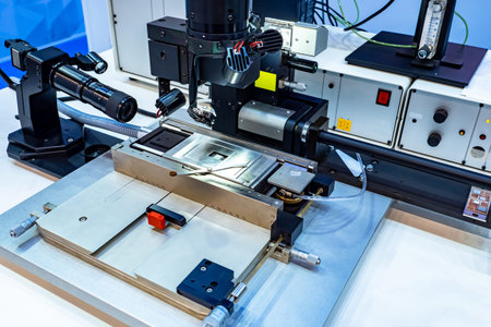 Flexible submicron mounting station. Equipment for production of microchips. Close-up of submicron...