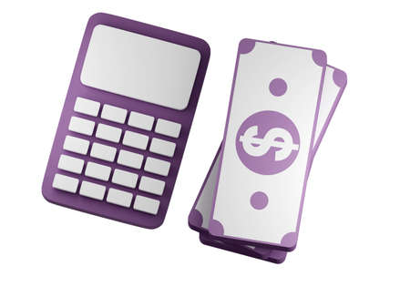 money and calculator. Financial income, investments, profit. monetary investments. Economic calculations and analysis. Schematic dollars next to the calculator. 3d imageの写真素材