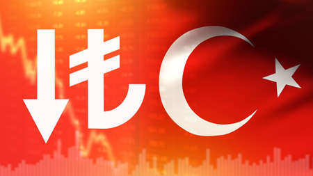 Turkey devaluation. Fall of lira. Economic crisis in Turkey. Problems in the economy of the Republic of Turkey. Exchange rate lira to dollar. Lira icon on Turkish background. Ankara Crisis Background. 3d imageの写真素材