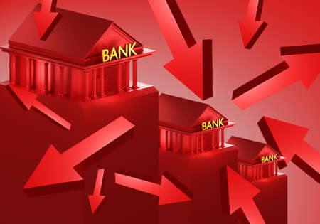 bank crisis. financial collapse. The ruin or bankruptcy of banks. banking problems. Red collage with abstract bank buildings and arrows. The global and internal problem of money loss. 3d imageの写真素材