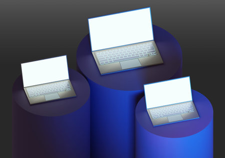 Three laptops on the catwalks. Set of Laptops with blank screen. Multiple laptops on gray...