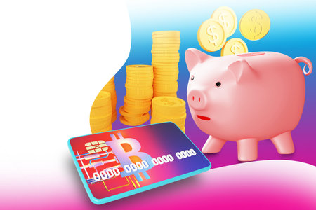 Making money, investing, saving. Gold dollars are falling into the piggy bank. A bank card with the...