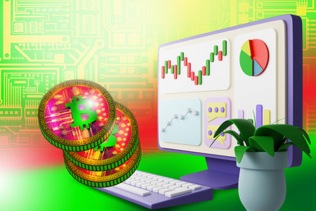 Bitcoin symbol on a mainboard. Cryptocurrency market. Buying and selling bitcoins. Business in the...