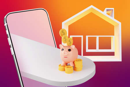 Sale of real estate online. Savings on housing. Mortgage loans market. Piggy bank, a house and a smartphone as a symbol of buying a home. Financial home loan or money saving for house buying. 3d imageの写真素材