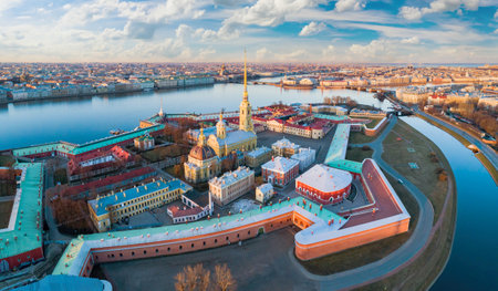 Saint Petersburg hare island. Sights of Russia. Peter and Paul Fortress on sunny day. Panorama of ancient fortress in Saint Petersburg. Old museum complex on island in Neva. Russian Federationのeditorial素材
