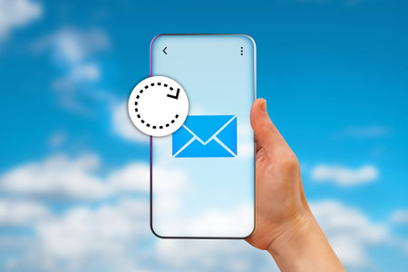 message to phone. Hand with phone on background of sky. message in messenger application. receiving...
