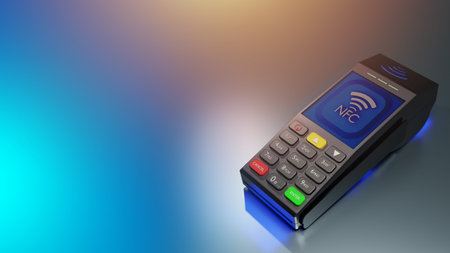 Payment NFC terminal. Bank terminal with NFC security. NFC terminal visualization. Cash register for...