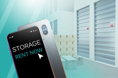 Rental storage units on phone. Application for rental sorage units. Smartphone next to warehouse...