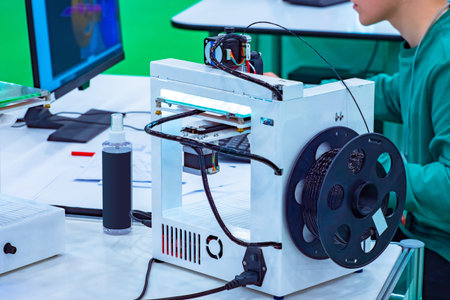 3D printer next to a person. A man creates a 3D object. A printer for printing three-dimensional...