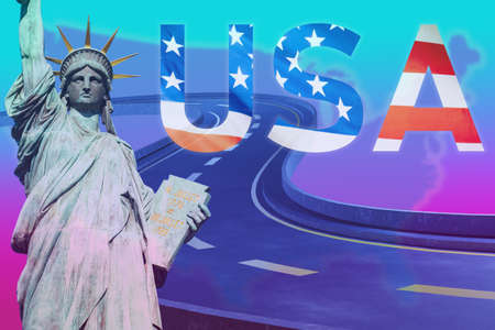 America background. Statue of Liberty and USA logo. Roads of the United States of America. Road as a metaphor for travel across USA. american tourism. Concept road to new york. empty winding trackの写真素材