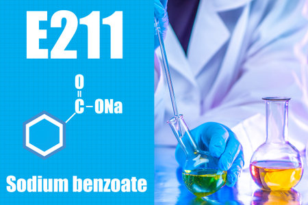sodium benzoate. Formula E211 on a blue background. Chemicals in the cosmetics. Sodium benzoate in...