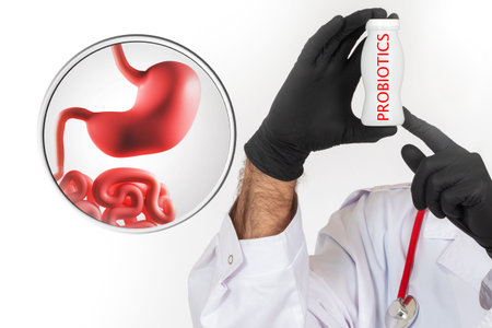 Probiotic foods. Bottle of probiotics in hands of doctor. Microbiome of gastrointestinal tract....