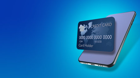 Credit card next to phone. concept of bank card linked to application. Payment by credit card in...