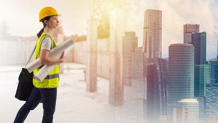 building business. woman with construction drawings. Construction site turns into skyscrapers. Architect of large construction company. Architect construction form steps forward. Builder managementの写真素材