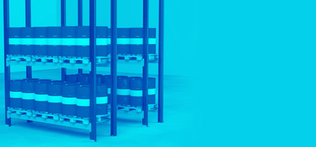 Chemical barrels. Racks with toxic materials. Pallets with toxic barrels. Warehouse for toxic goods....