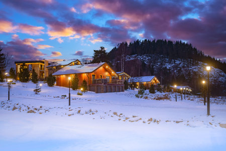 winter landscape. Cottage on background of hill and forest. Wooden houses in the countryside. New...