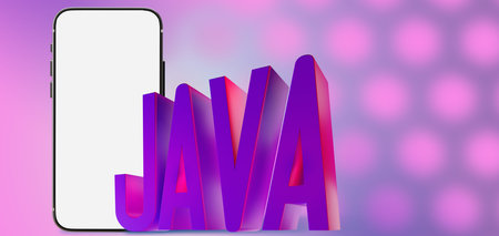 mobile app java design. Smartphone mockup and Java logo. purple neon background. mobile application...