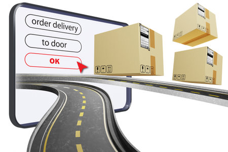 Order delivery to door. Courier logistics concept. Courier company logistics system. Distribution of parcels to addresses. Cardboard boxes represent parcels. Delivery of goods to door. 3d image.の写真素材