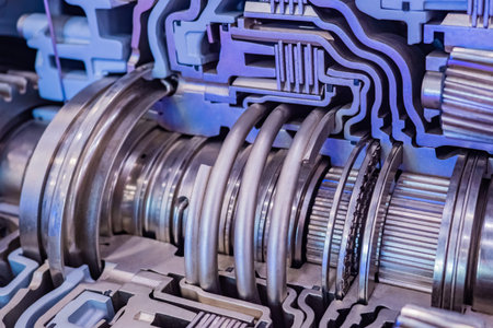cutaway engine. industrial topics. Fragment of an internal combustion engine. Chrome tubes inside...