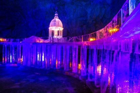 Russia. Corelia. Ice sculpture in Ruskeala park. Castle with columns made of ice. Ice Palace in the...