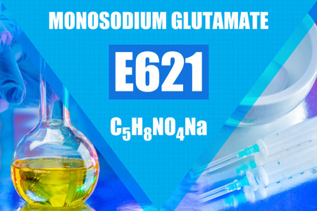 Glutamate Sodium. E621. C5H8NO4HA. Syringes and test tube next to the glutamate formula. food...