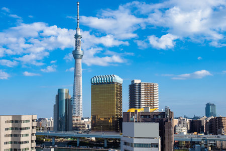 Tokyo. Japan. sky tree. television tower. Guide to the sights of Tokyo. Excursion to the Sky Tree observation deck. City in East Asia. Panorama of Tokyo. Japan in sunny weather. Japan building.のeditorial素材
