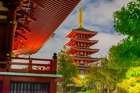 Japan. Tokyo. Asakusa Temple. Pagoda of the Sensoji Temple in Tokyo. Religious sights of Japan. Red buddhist temple on the background of the sky. Multistory Shinto shrine. Japanese cities.のeditorial素材