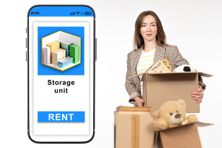 Storage unit rental. Woman with cardboard boxes. Warehouse company application. Phone labeled...