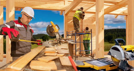Man is carpenter. Builders work with wood. Construction cottage from boards. Preparation bars for...