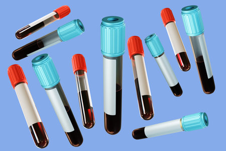 Set of test tubes with blood. Collection of plastic flasks. Blood samples are capped. Set of flasks in different positions. Blood test to look for disease. medical equipment for research. 3d imageの写真素材