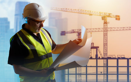 man builder. Architect with documentation. Inspector oversees construction process. Silhouette of...