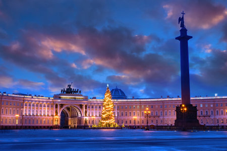 Saint Petersburg Christmas. Russia New Year. Christmas tree on Palace Square. Alexander Column on winter night. New Year decorations in Saint Petersburg. Sights of St. Petersburg. Russian Federationのeditorial素材