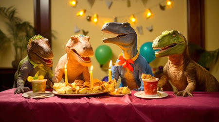 Family of dinosaurs sits at festive table. Birthday party with cake and candles. Dinosaur friends having fun in cafeの素材
