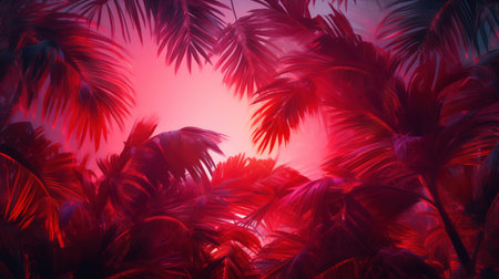 Tropical plants under red sky. Palm leaves are painted with scarlet sunset. Tropical jungle with fantastic floraの素材