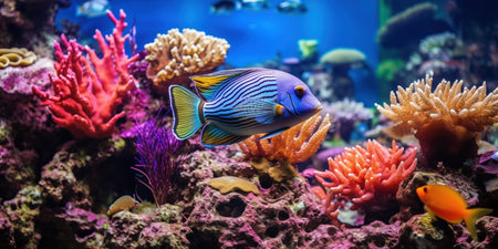 Blue aquarium fish swims in water. Seabed with ocean inhabitants. Ocean fish among coralsの素材