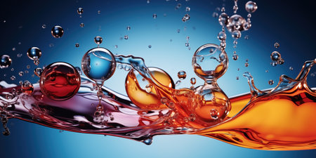 Water splash with air bubbles. Colorful splashes of liquid underwater. Aqua backdrop. Water splashes close upの素材