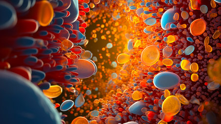 Abstract background. Multi-colored elements in zero gravity. Bright pattern. Background with colorful bacteria in bodyの素材