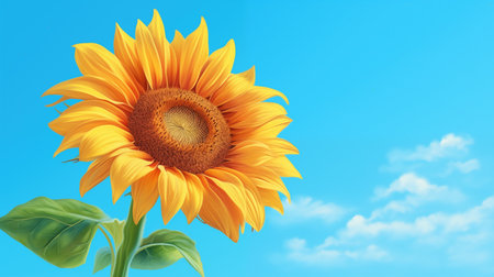 Sunflower grows under blue sky. Yellow sunflower on sunny day. Flower for growing food seeds.の素材