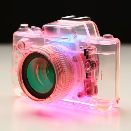 Miniature camera in transparent body. Device for taking photographs. Stylish camera with neon glow insideの素材