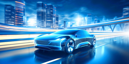 Modern electric cars are driving along city road. Sports automobile drives near skyscraper. Evening motorway with stylish carの素材