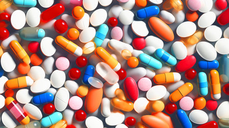 Pills and vitamins are scattered on table. Medicines of different types to treat diseases. Painkiller pills from pharmacy. Range of antibioticsの素材