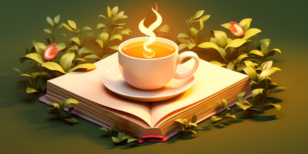 Glass of tea on open book lying on grass. Hot drink and textbook to prepare for exams. Book to read in your spare timeの素材