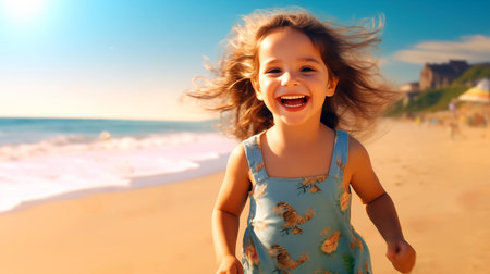 Little girl runs along the beach and laughs. Woman child rests on seashore. Schoolgirl enjoys traveling along sandy beachの素材