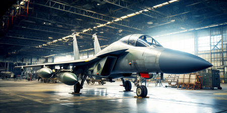 Military aircraft with missiles inside hangar. Fighter for air combat with enemy. Military aircraft equipped with homing weaponsの素材