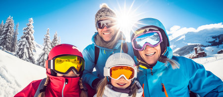 Family posing at ski resort. Man and woman with children stand near snow-covered hills. People in winter clothes and safety glasses at ski resortの素材