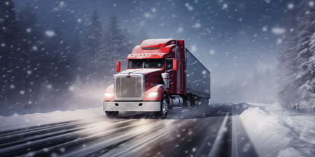 Truck is driving along winter road located in the middle of forest. Truck transports goods along highway during snowfall. Lorry from logistics companyの素材